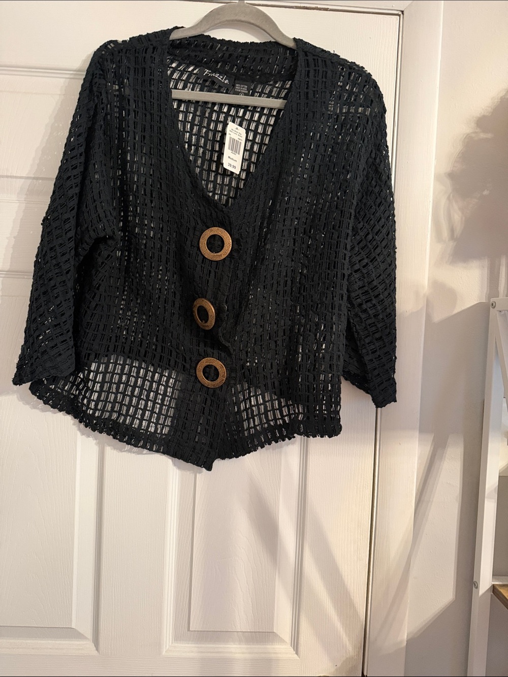 NWT Venezia Black Open-Weave Button-Front Cardigan with Wood-Tone Buttons